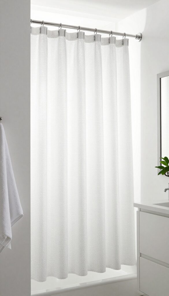 A subtle geometric print shower curtain in a bright, modern bathroom with natural light and minimal decor.
