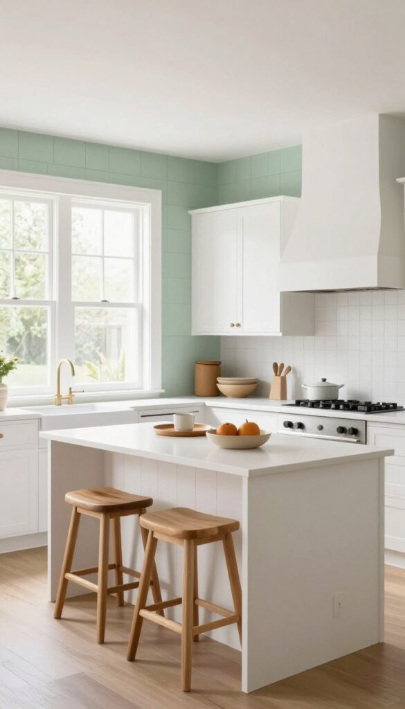 Kitchen with white bead board backsplash and sage green shiplap accent wall, bright natural light, island with bar stools.