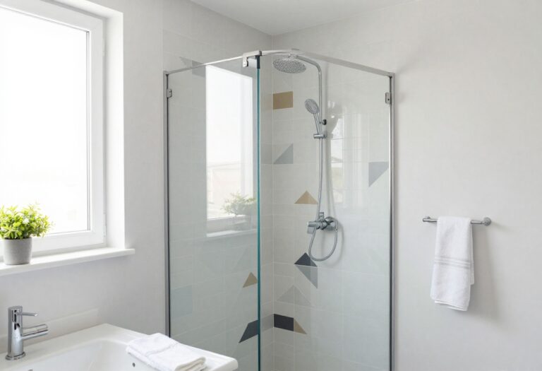 Modern shower with geometric accent tiles creating a focal point in a bright, stylish bathroom.