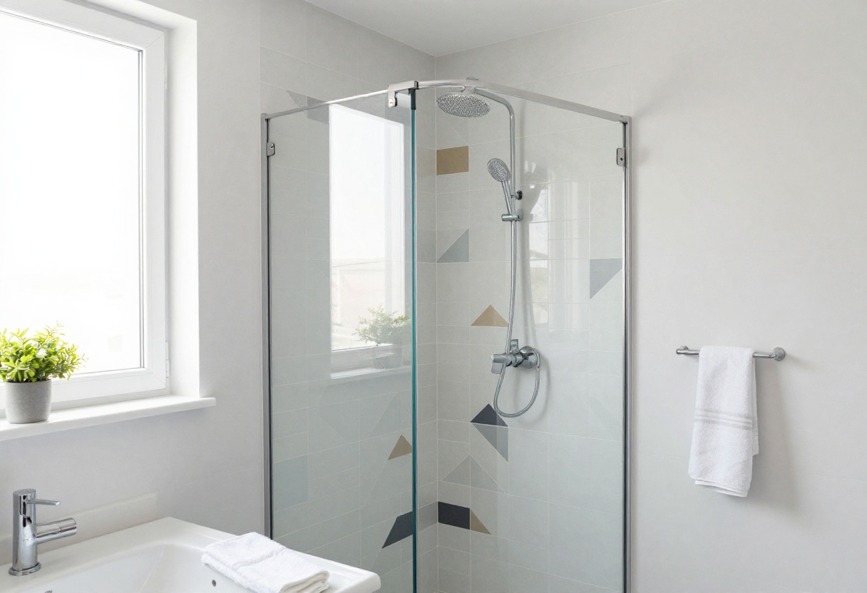 Modern shower with geometric accent tiles creating a focal point in a bright, stylish bathroom.