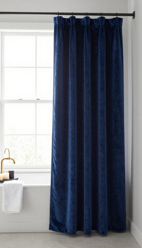 Dark blue velvet shower curtain in a bright bathroom with natural light, matte black fixtures, brass accents, white towels, and candles for a cozy, luxurious feel.