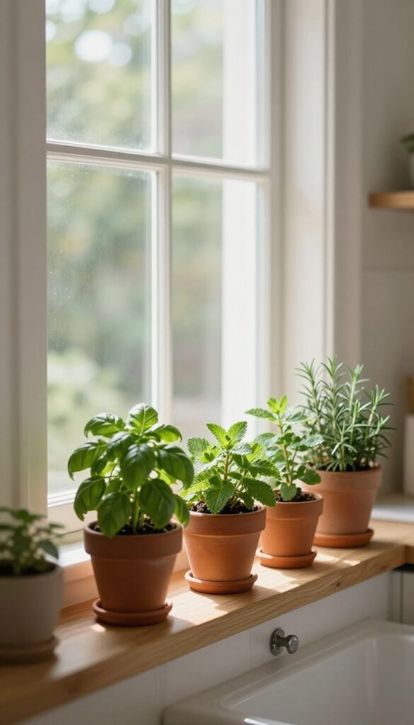 Kitchen window sill with a slim shelf holding terracotta herb pots in natural light.