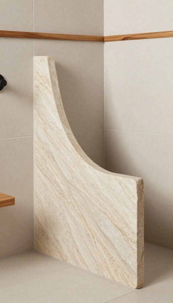 A rustic bathroom shower threshold featuring a natural stone slab with earthy textures and unique veining, set against neutral tiles with warm wood accents and matte black fixtures under bright natural light.