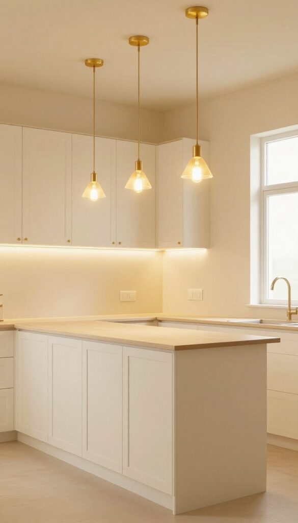 Cream kitchen with warm pendant lights and under-cabinet lighting creating a cozy atmosphere