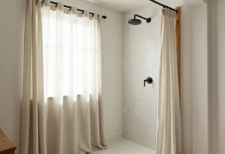 Farmhouse bathroom shower featuring linen curtains, matte black fixtures, hexagon tiles, and rustic wood details in a polished, inviting setting.