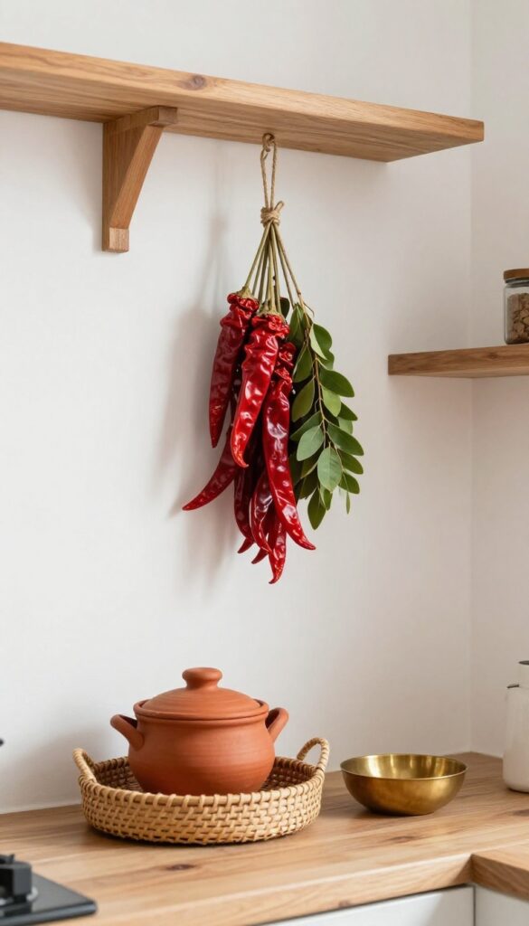 Hanging dried red chillies and curry leaves in a rustic Indian kitchen near a sunny window