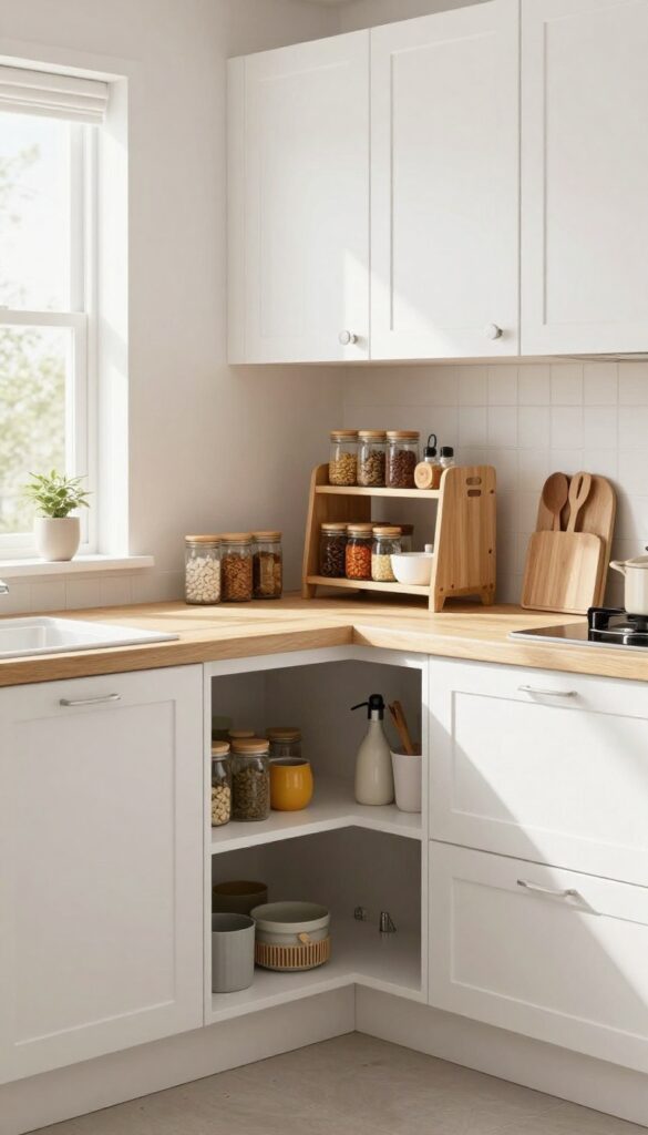 Open corner cabinet with lazy Susan showing organized spices and kitchen items