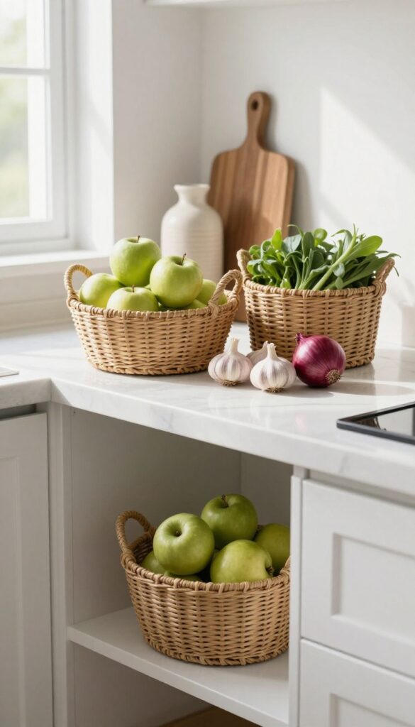Woven baskets filled with fruits and vegetables on a kitchen counter