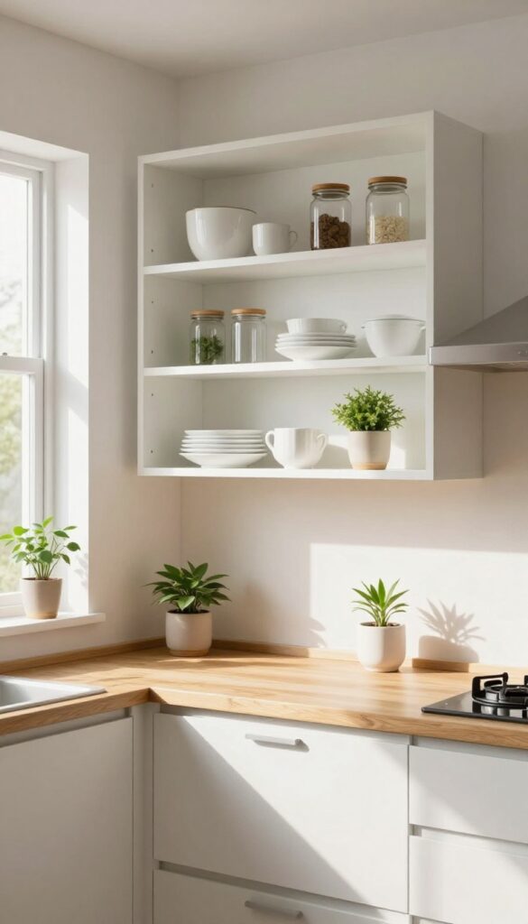 Small kitchen with open shelving displaying white dishes and glass jars, warm natural light