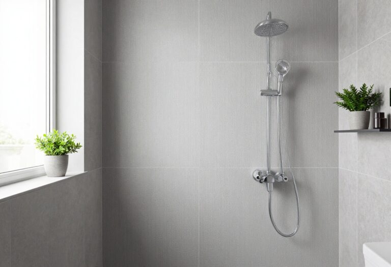Modern bathroom shower with vertical textured gray tiles, natural lighting, and minimalist decor for a serene upgrade.