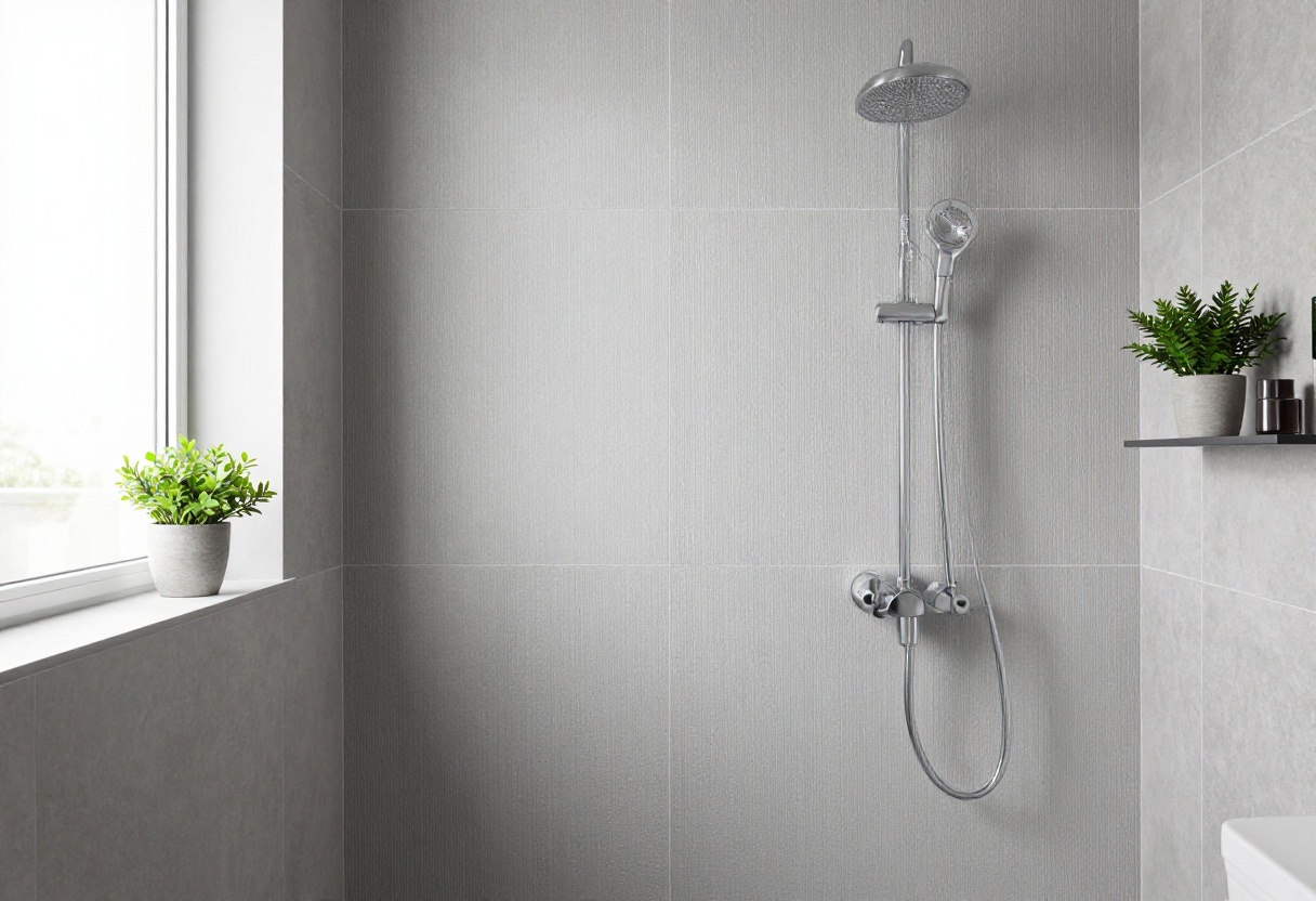 Modern bathroom shower with vertical textured gray tiles, natural lighting, and minimalist decor for a serene upgrade.