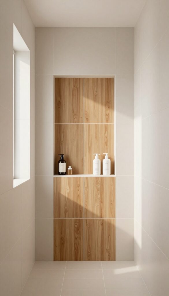 A shower niche wall with wood-look tile as a focal point, contrasting with simple surrounding tiles in bright natural light.
