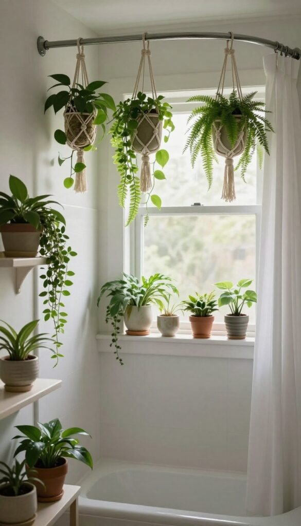 A bathroom featuring a curved shower curtain rod decorated with hanging plants and greenery on shelves, adding a natural and vibrant touch to the space.