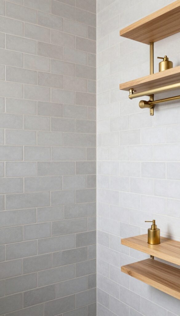 A bathroom shower featuring soft grey subway tiles in a herringbone pattern with warm wood accents and brass fixtures, designed for a relaxed and inviting space.