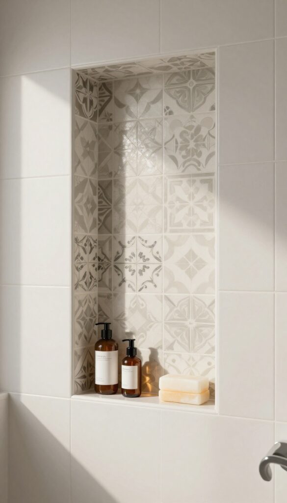 A close-up view of a bathroom shower niche with patterned tile accent in bright natural light, showcasing tidy product storage as stylish decor.