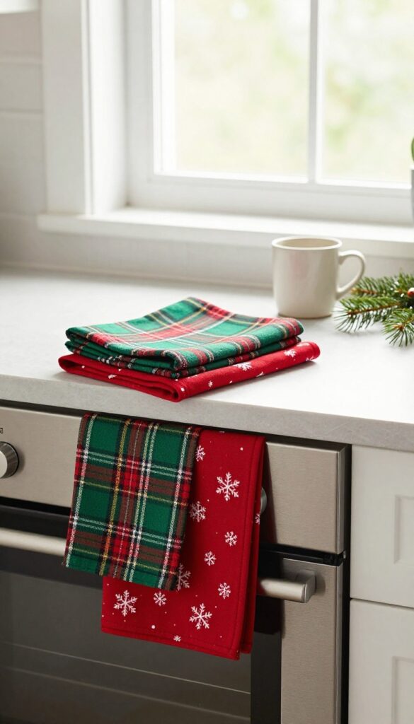 Festive dish towels in plaid and snowflake patterns draped over a kitchen oven handle in a bright, clean kitchen.