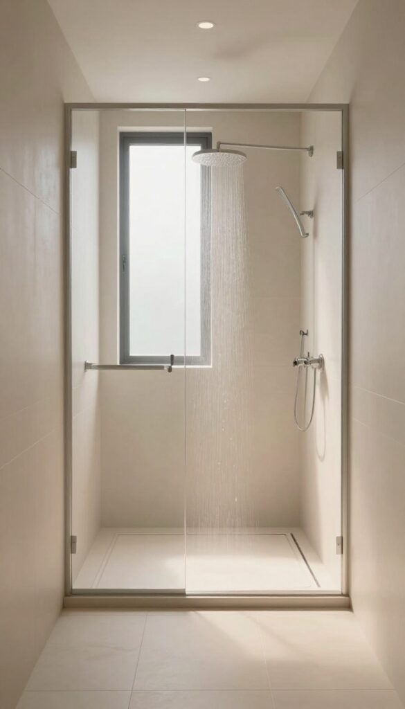 Modern bathroom with heated shower floor featuring large neutral tiles and a rainfall showerhead
