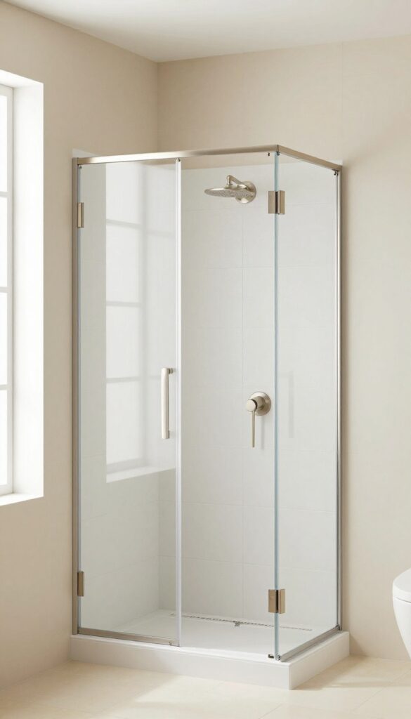 A minimalist stand-up shower with a cohesive color palette of soft white and warm beige tones, showcasing clean design and natural lighting for an upgraded bathroom space.