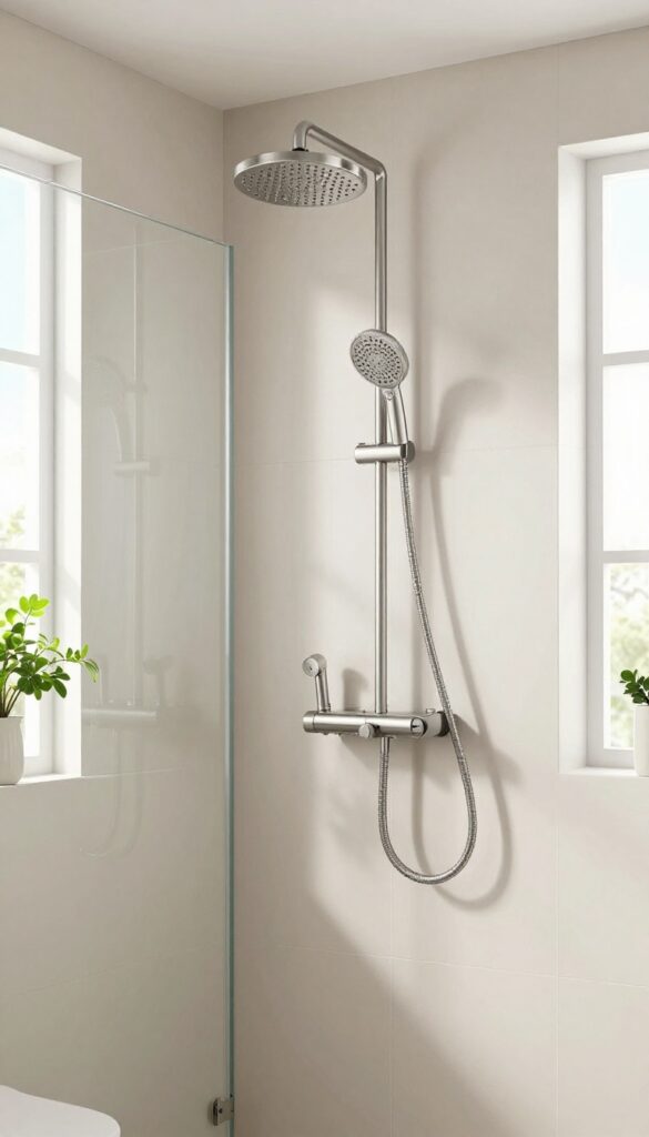 A modern dual showerhead system with fixed overhead and handheld wand in a bright, clean bathroom, ideal for shared spaces.