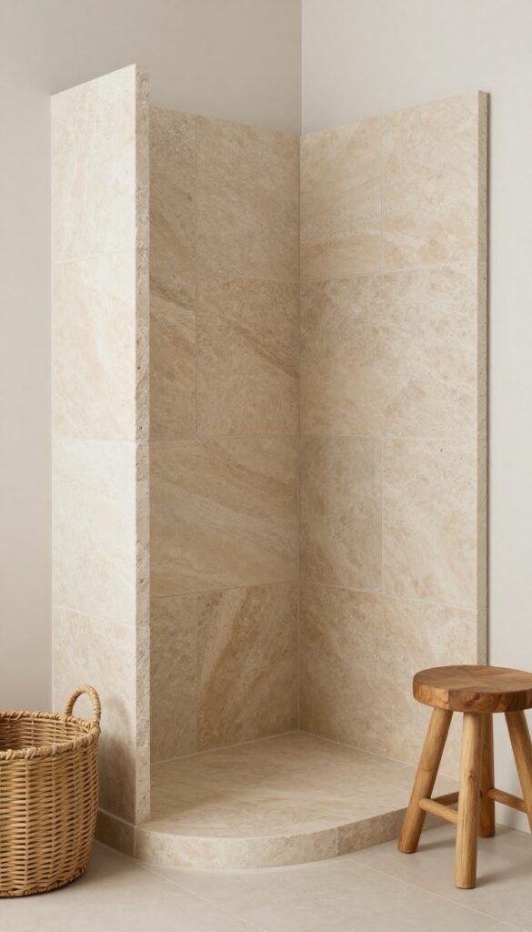 A rustic bathroom shower curb made from natural stone slabs in a bright, naturally lit setting with wood accents and warm lighting.