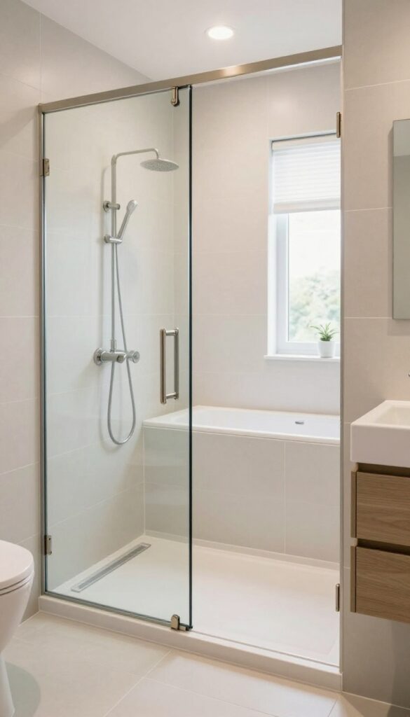 A modern bathroom featuring a glass shower panel in place of a curtain, with neutral tiles and brushed nickel hardware, showcasing a clean and spacious design