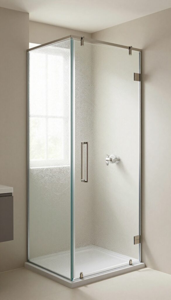 Patterned glass shower enclosure in a bright bathroom with natural light and neutral decor.