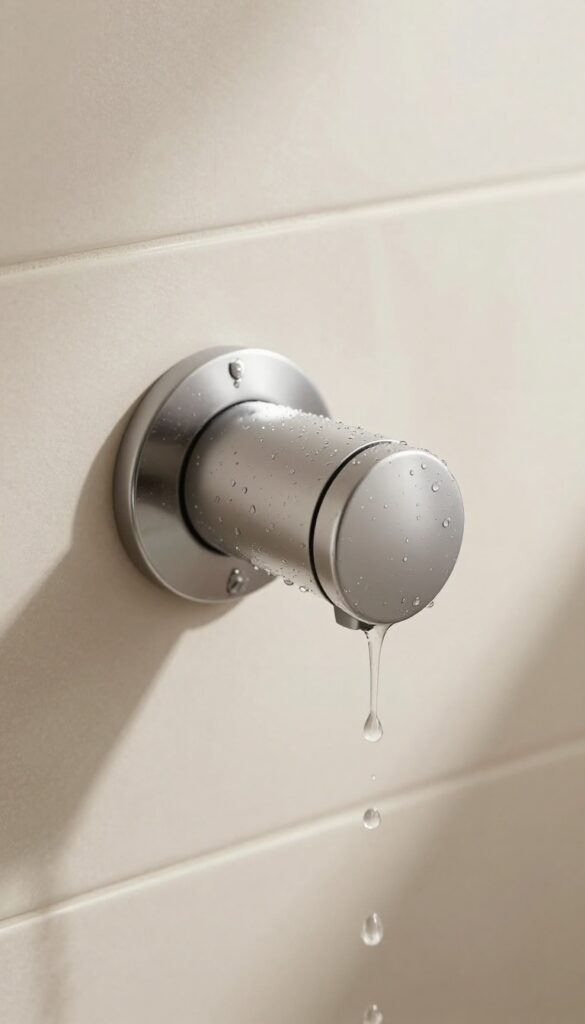 Close-up of a modern thermostatic valve in a bright bathroom shower with water droplets on tiles, illustrating consistent temperature control for a relaxing experience.