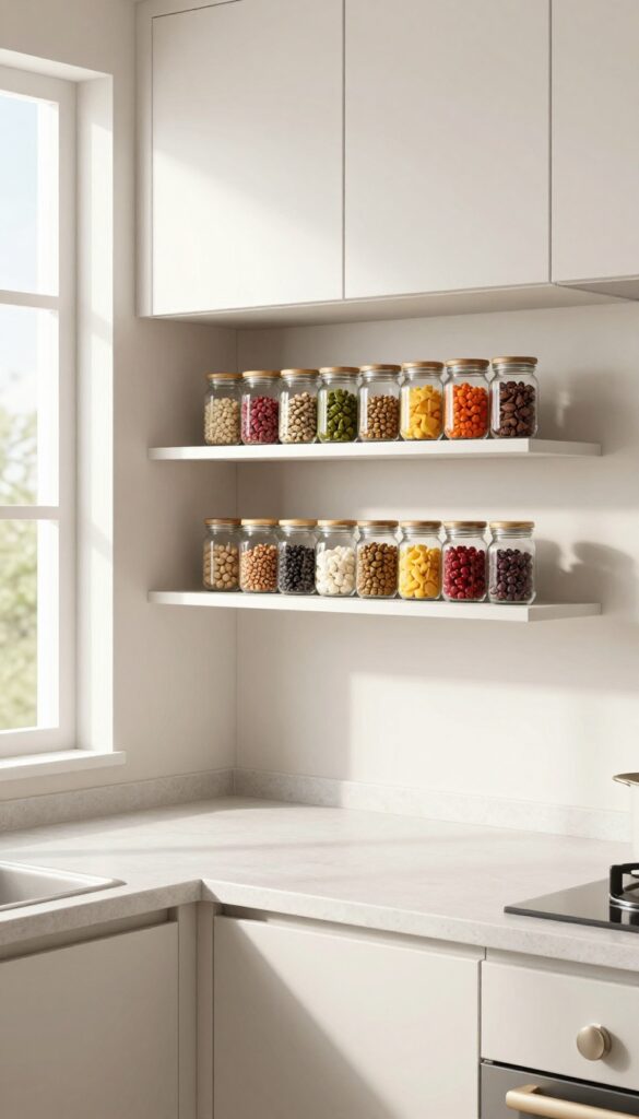 Slim under-cabinet shelf holding spice jars in a bright modern kitchen