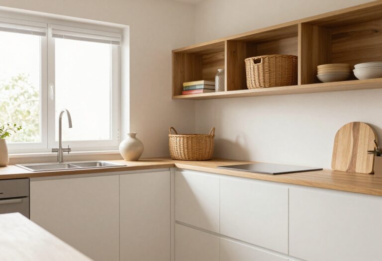 Modern small kitchen with warm wood accents and open shelving