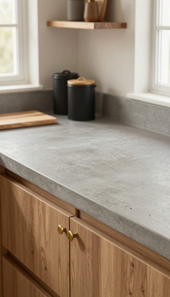 Stained concrete kitchen countertop with warm gray matte finish, wood shelving, brass hardware, and minimal decor in natural light