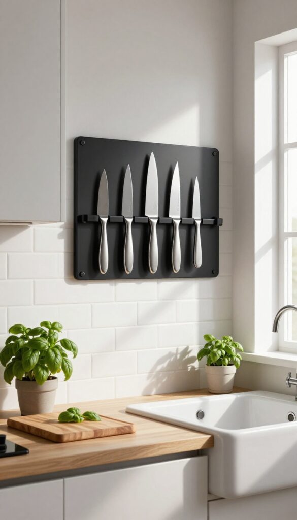 Modern kitchen with a wall-mounted magnetic knife strip on a white tile backsplash, knives arranged by size, wooden cutting board and potted herb on counter, bright natural light.
