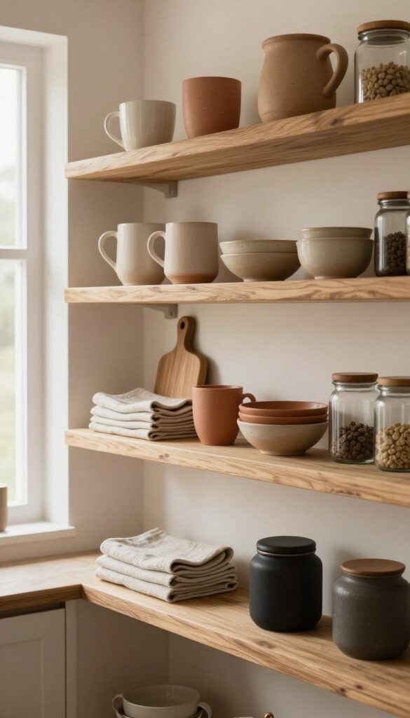 Open shelves in a small boho kitchen styled with clay mugs, wooden cutting board, linen napkins, and ceramic pieces in warm neutral tones.