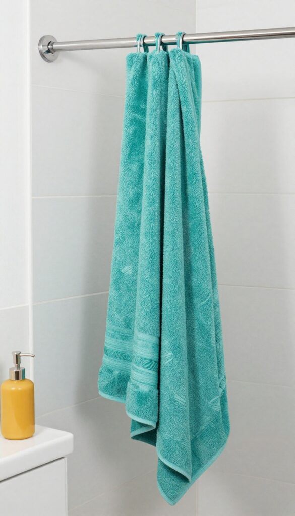 A bright, clean bathroom with a standing shower, showcasing bold teal and mustard color accents on towels, curtain, and accessories against neutral white and gray tones.