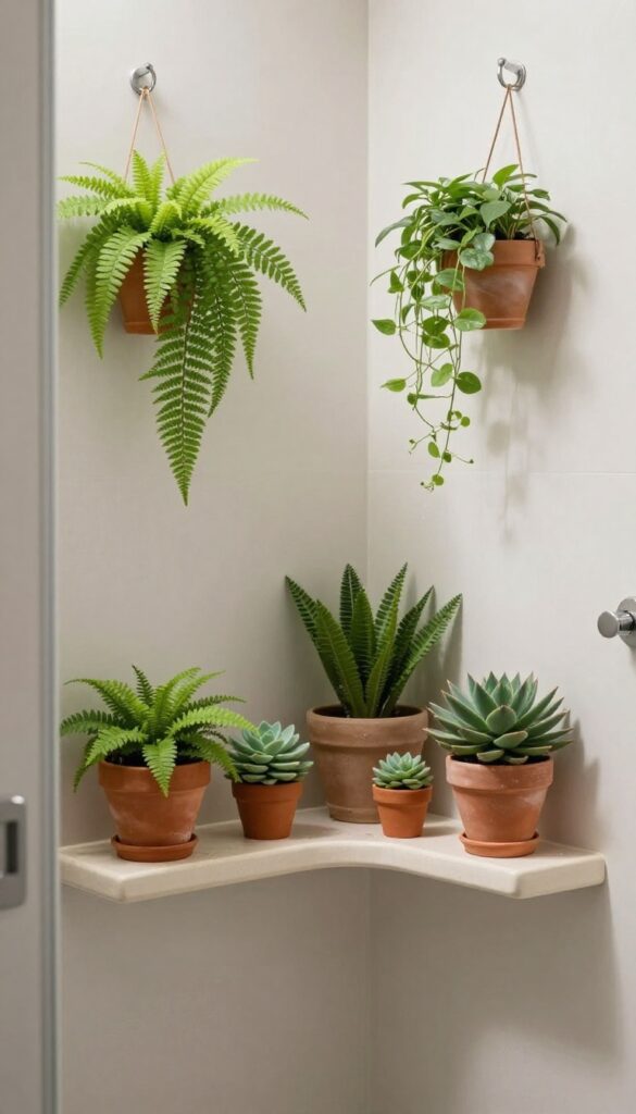 A small walk-in shower without doors, showcasing water-tolerant plants such as ferns and succulents on shelves and hooks in a bright, minimalist bathroom with natural light.