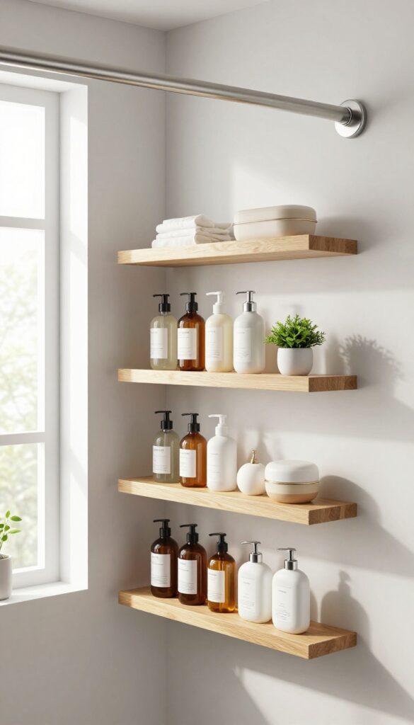 Bathroom with curved shower curtain rod and floating shelves for storage