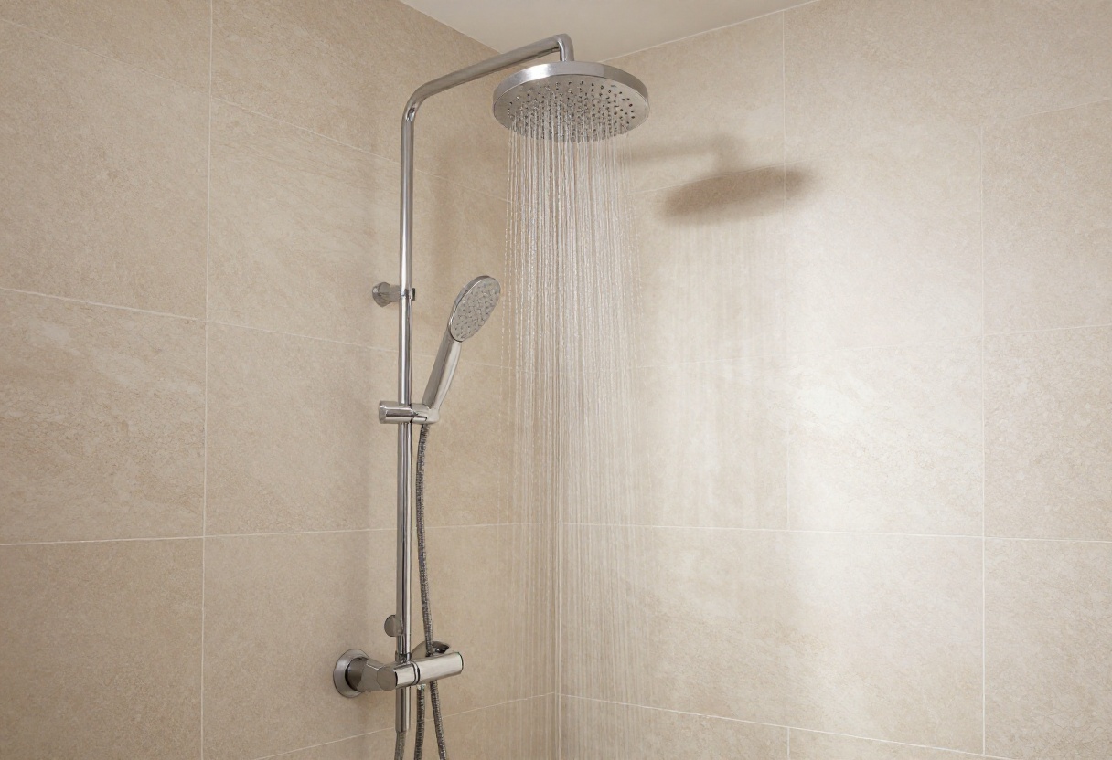 Modern spa-inspired bathroom with rainfall showerhead and natural stone tiles in a bright, serene setting.