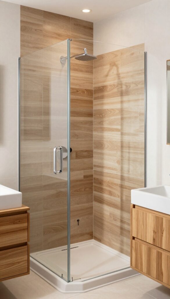 Curbless shower with wood accents blending tiles for a warm, polished bathroom design