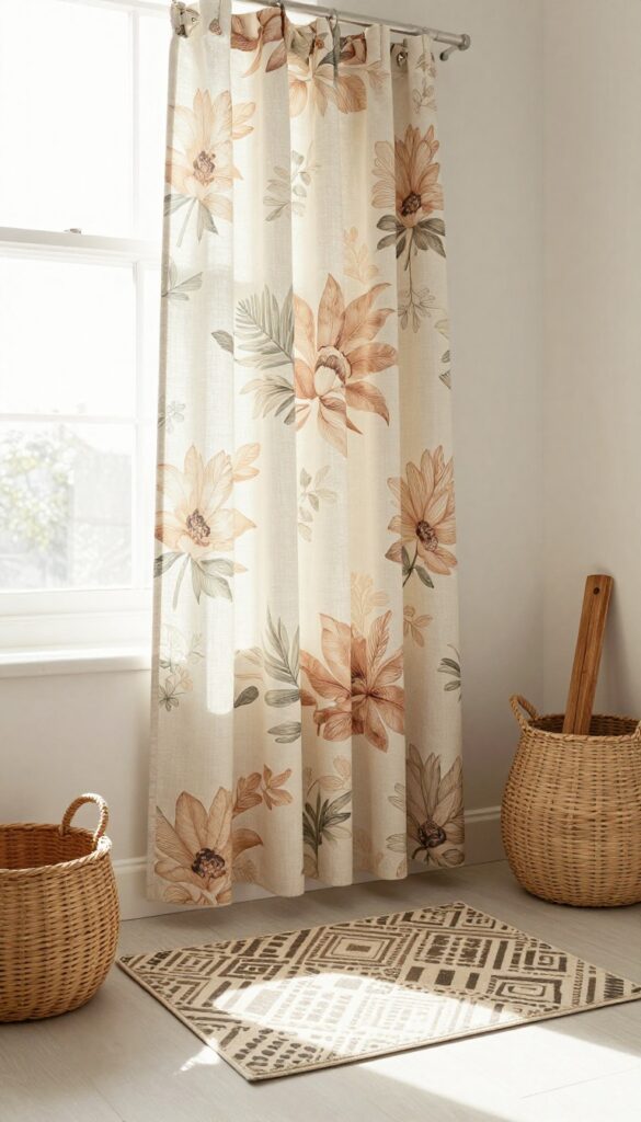 Boho bathroom with mix-and-match patterned shower curtain and bath mats in earthy tones, featuring floral and geometric designs, natural light, woven baskets, and wooden accents for an eclectic yet polished look.