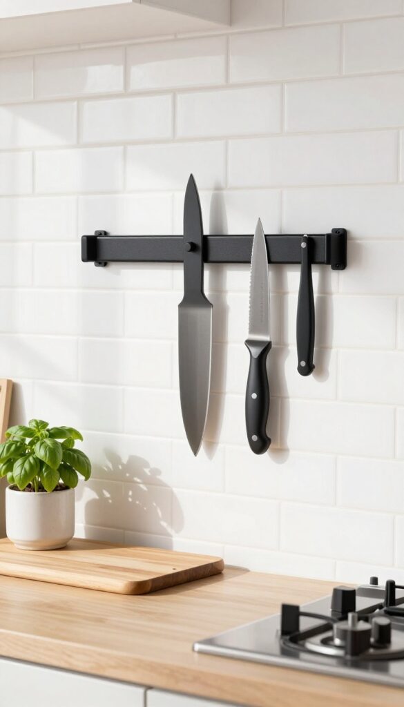 Magnetic knife strip on backsplash with knives, cutting board, and herb pot in bright kitchen