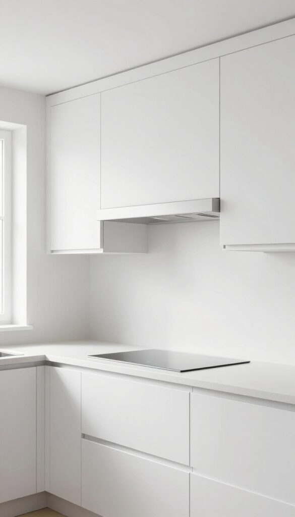 Custom built-in vent hood seamlessly integrated with matching white shaker cabinets in a bright, minimalist kitchen.
