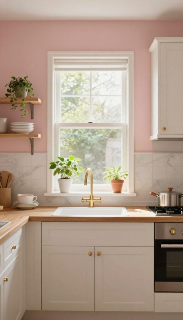 Sunlit kitchen with dusty rose walls, brass hardware, marble backsplash, and open shelving.