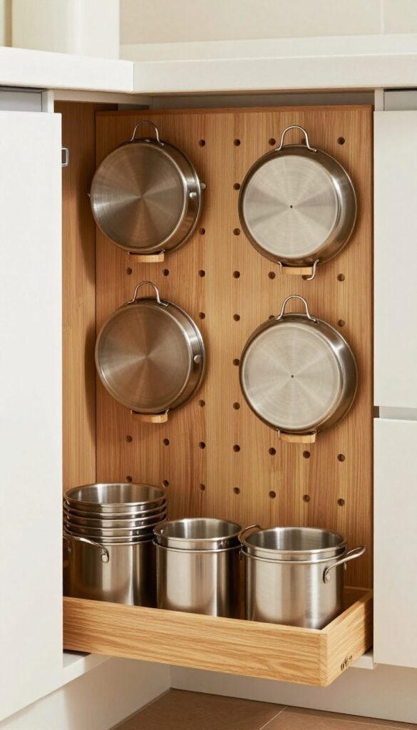 Deep kitchen drawer with wooden pegboard organizing pot lids vertically and nesting pots below