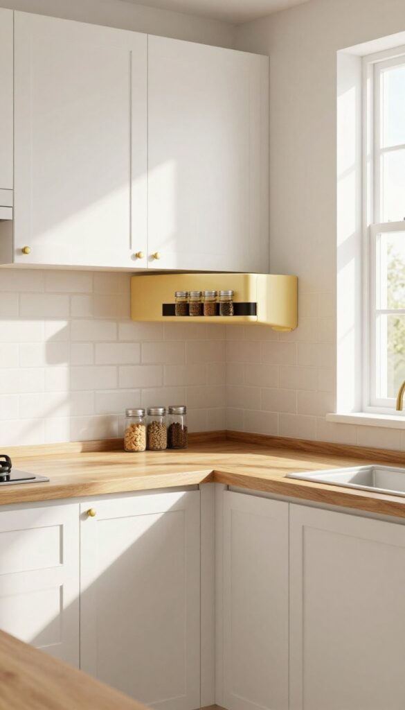 Sunny yellow range hood with magnetic spice rack in a bright white kitchen