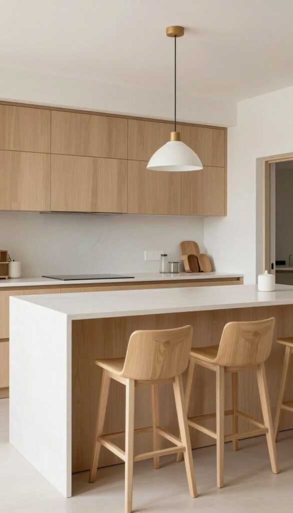Narrow peninsula island with counter stools in a bright kitchen