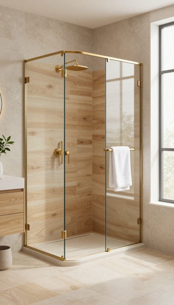 A modern curbless shower with wood-look tile in warm oak tones, brushed brass fixtures, and natural light in a clean bathroom setting.