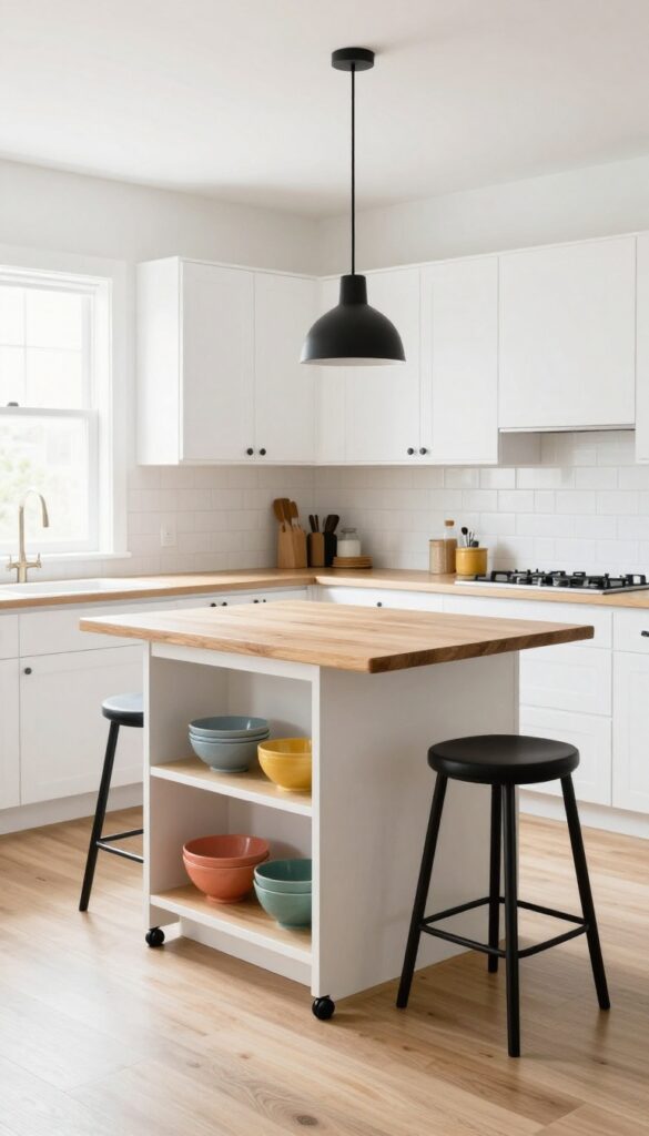 Small kitchen with a rolling island featuring butcher block top, storage shelves, and bar stools