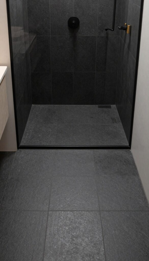 A close-up view of a shower floor with deep charcoal monochrome tiles in a modern bathroom, emphasizing elegance and practicality with natural lighting.