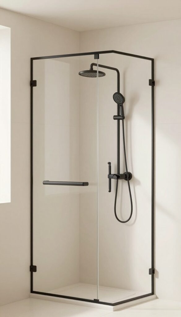 Master shower with black fixtures on white tile for crisp contrast in a minimalist bathroom design.