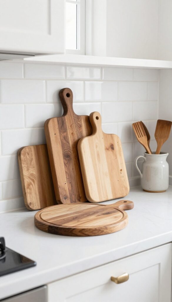 Stack of antique wooden cutting boards leaning against white subway tile backsplash in a bright kitchen