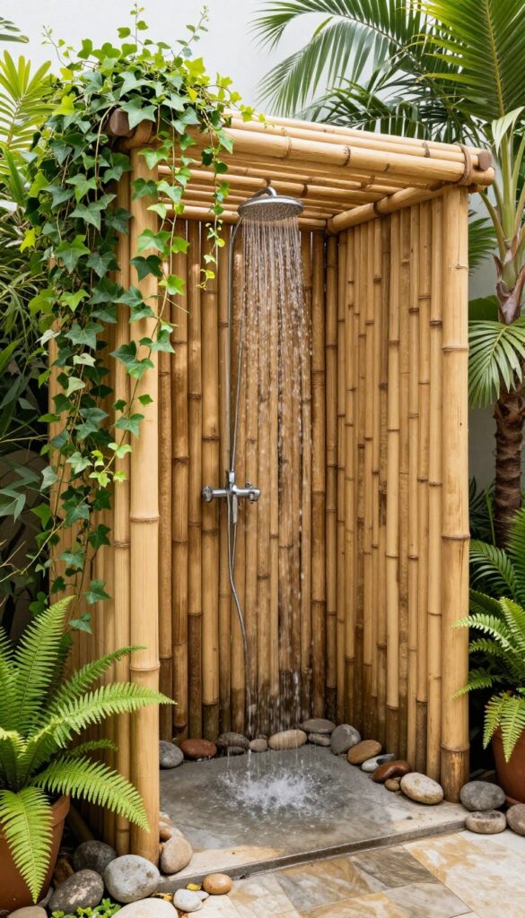 Outdoor shower with bamboo enclosure for a tropical retreat feel, featuring lush plants and stone flooring in natural light.